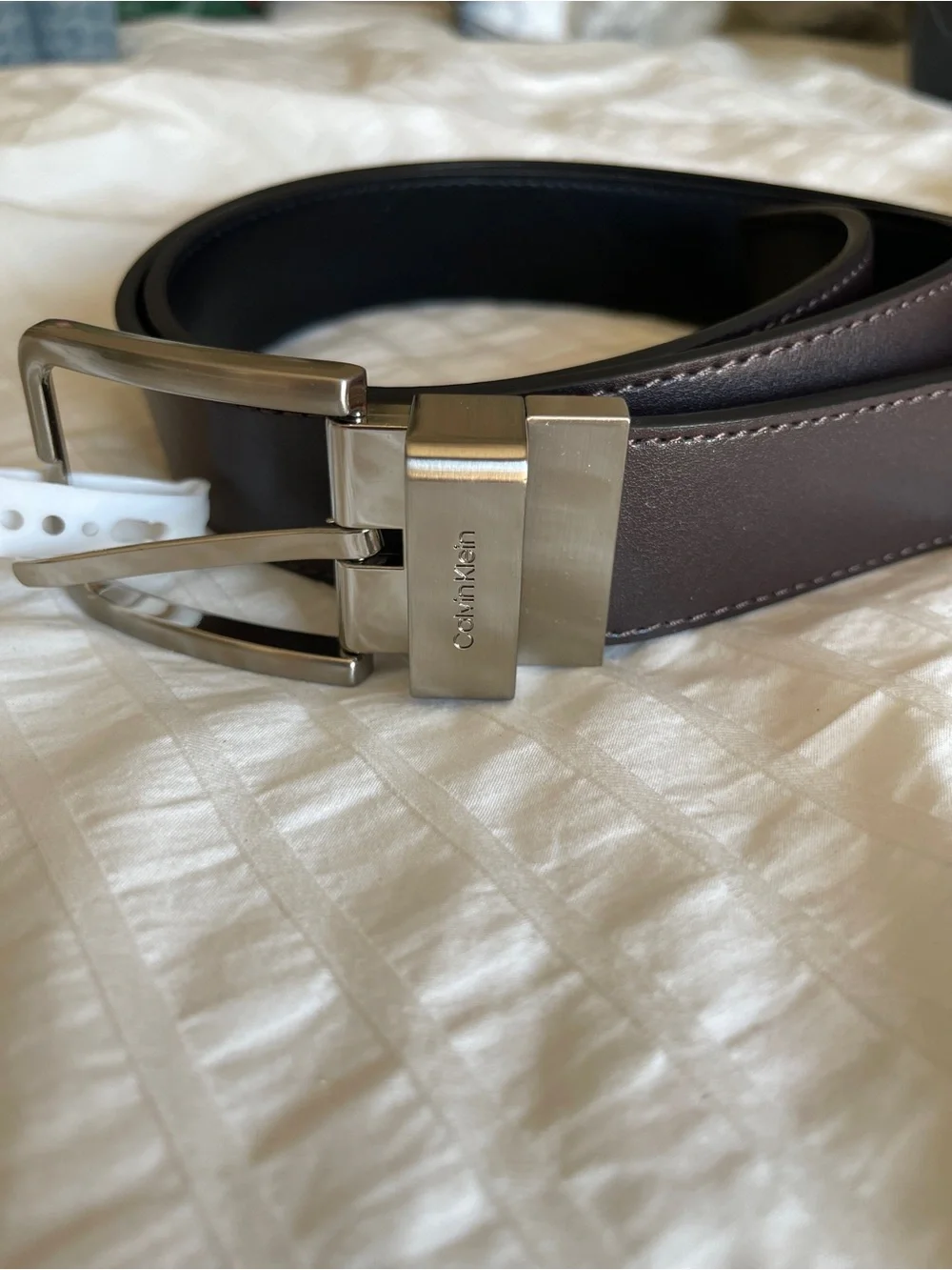 Calvin Klein Men's Dark Brown Leather Reversible Belt with Silver Buckle